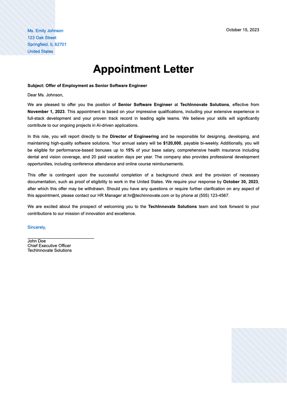 Conditional employment offer letter for graphic designer with blue geometric borders_variant_1